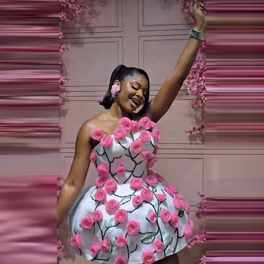 Cute Aso Ebi Short Cocktail Party Dress Strapless 3D Flower Sequins Beads Birthday Dress Customized for African Girls' Ball Gown image 3