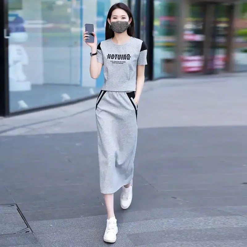 Skirt Short Sleeve 2 Pieces Sets for Women Kawaii Commuting Woman Outfit Gray Lightly Cooked Printing Midi Cotton Top and Bottom