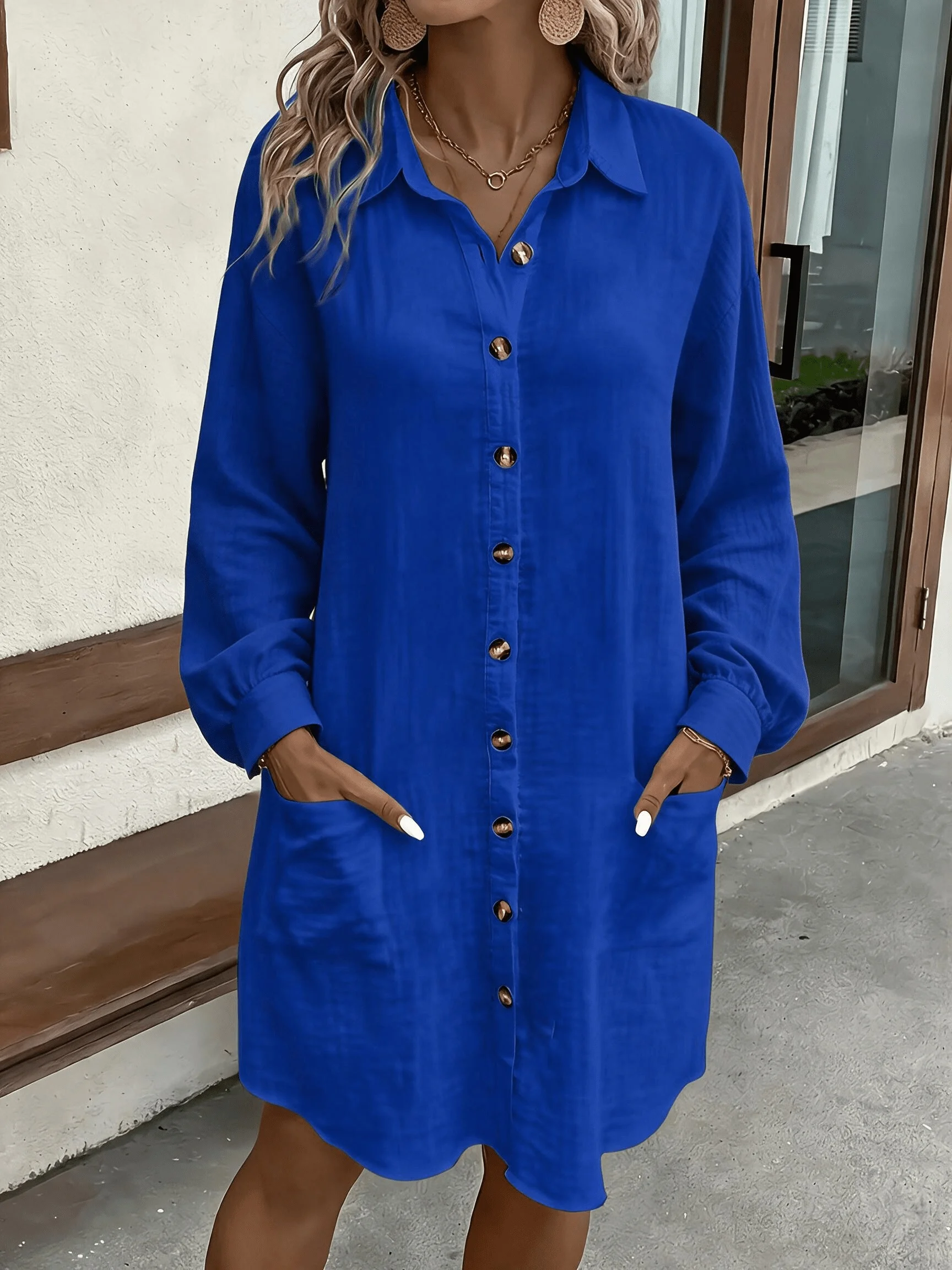 Frühling Sommer Damen Hemdkleid mit Umlegekragen, Locker Geschnittenes Übergroßes Midi-Kleid mit Knopfleiste und Seitentaschen, Lässiges Strandkleid – Detail 5