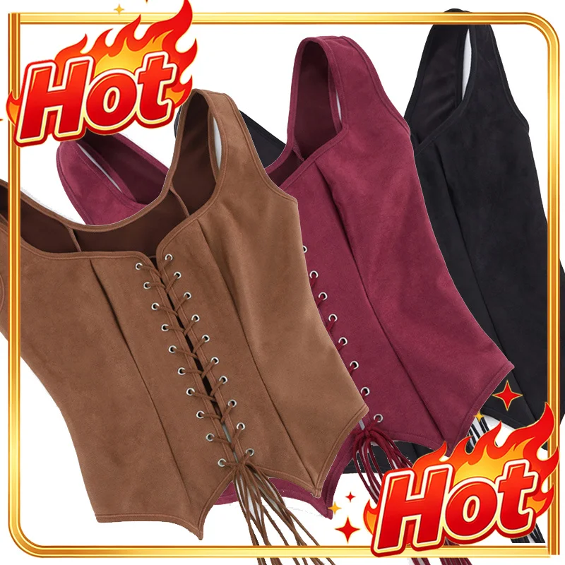 Halloween Medieval Women Vintage Suede Corset Top Victorian Pirate Lady Waistcoat Renaissance Corset Pirate Costume