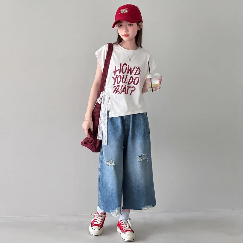 

2026 summer children's ripped jeans autumn thin cut girls' cotton wide leg pants spring boys' sports shorts