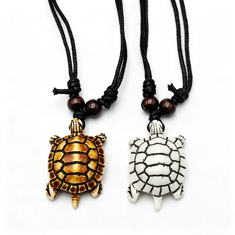 Turtle Shell Pattern Sea Turtle Pendant Necklace - Resin, 2 Colors Adjustable Black Cord, Surfer Jewelry