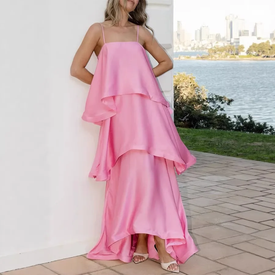 FL Dames Roze Ruches Strapless Jurk Mouwloos Rugloos Losse Lange elegante gewaden Dame Vakantie Strandfeest Avondjurk Nieuw