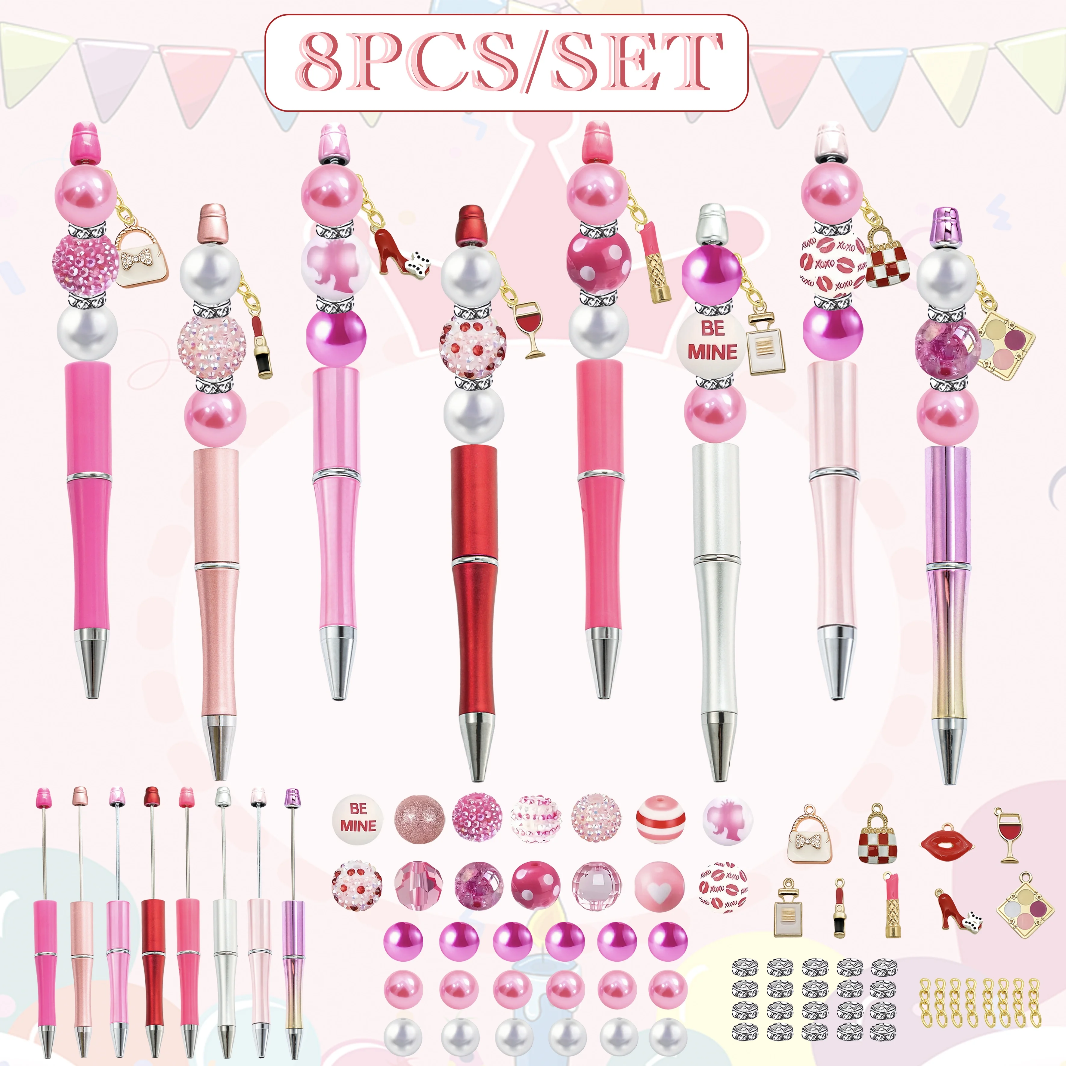 

8 шт., розовая роза, женская популярная косметическая помада, парфюмерная кожаная сумка, тема, шариковая ручка из бисера «сделай сам», набор акриловых бусин