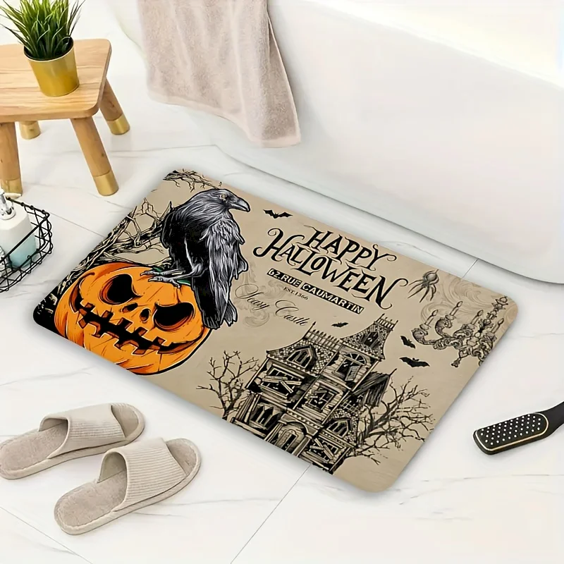 VIKAMA Halloween Crow Pumpkin Ghost House Carpet Quick Drying Water Absorbing Carpet Entrance Anti Slip Carpet Home Decoration