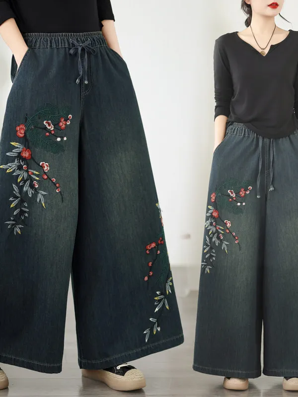 

Korean Japanese High-End plus Size Straight Leg Wide Leg Pants Women's Commute New Chinese Sle Design Embroidered Denim Jeans