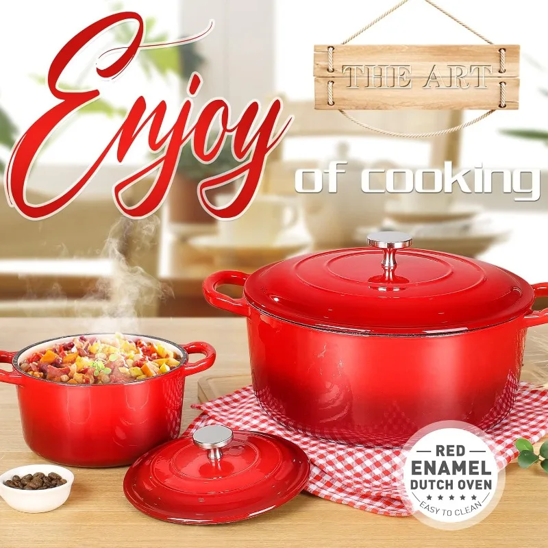 Cast Iron Dutch Oven Set with Lids, 2pcs Cast Iron Pot, 6QT & 1.5QT Enamel Cookware Pot, Red