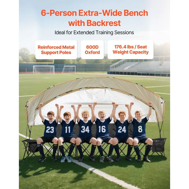 Folding Chair Sport 6 Seat Sideline Bench with Sidebag Carry Bag Sunshade