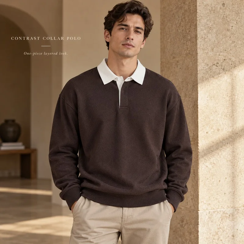 Men Contrast Collar Long Sleeve Polo Shirt Relaxed Fit Faux Layer Knit Top Ribbed Cuffs for Autumn Winter Casual Daily Outfits