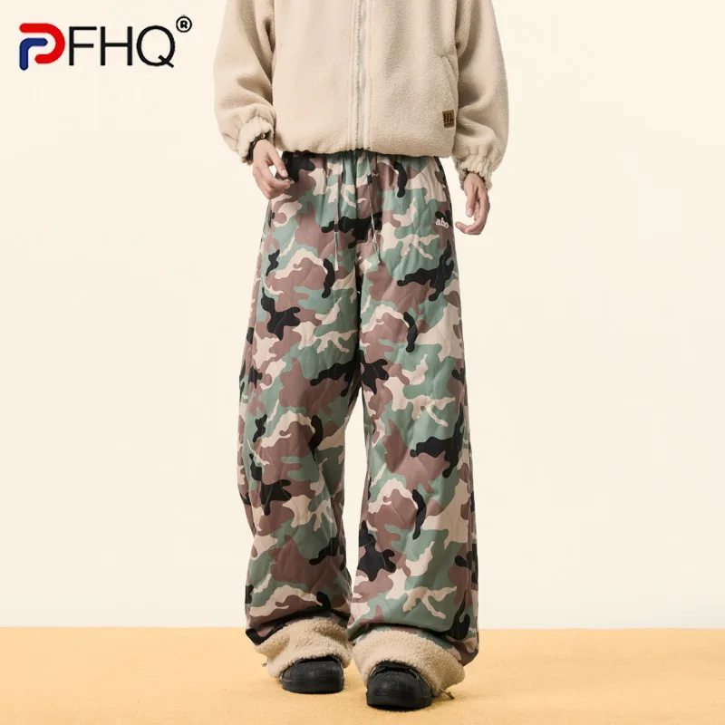 PFHQ New Trendy Men's Casual Pants Thickened Camouflage Warm Drawstring Straight Wide Leg Loose Male Trousers Winter 21Z8119