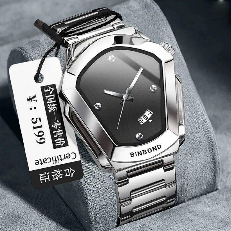 BINBOND Fashionable Trendy Watches for Man Night Light Waterproof Calendar Stainless Steel Strap Luxury Couple Quartz Watch