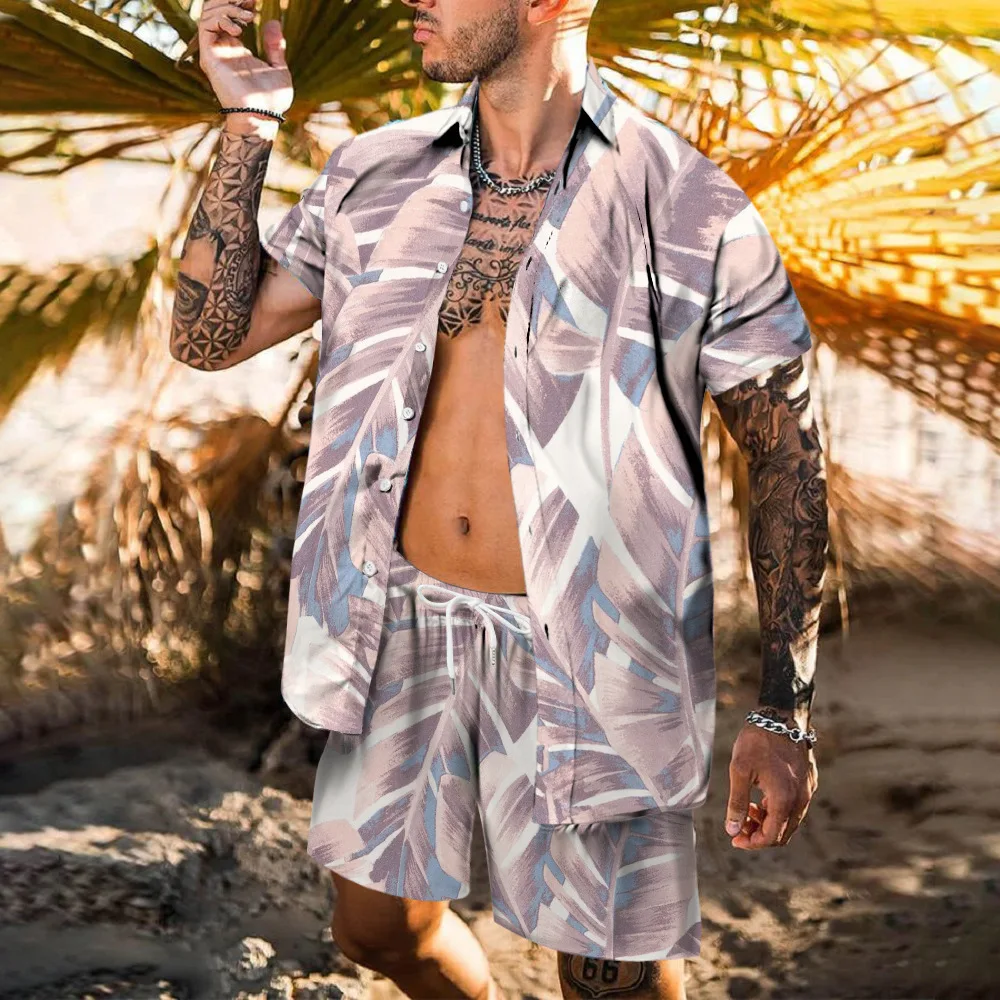 Strand gedruckt Hawaii Set Herren 2 Stück Hemd 3D-Druck lose Freizeit Kurzarm Strand Shorts Shirt Urlaub Mode zweiteilig Set