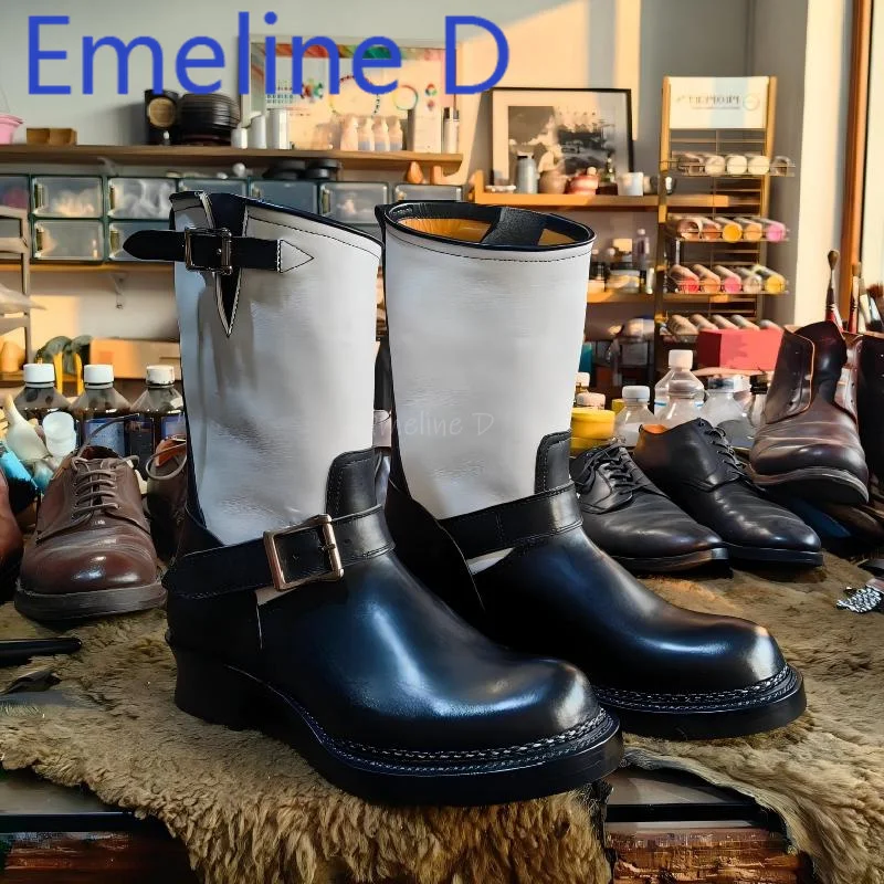 

Color Blocked Retro Motorcycle Boots Fashionable Round Toe and Leather Heel Decorated with Belt Buckles and A Midsole Boot