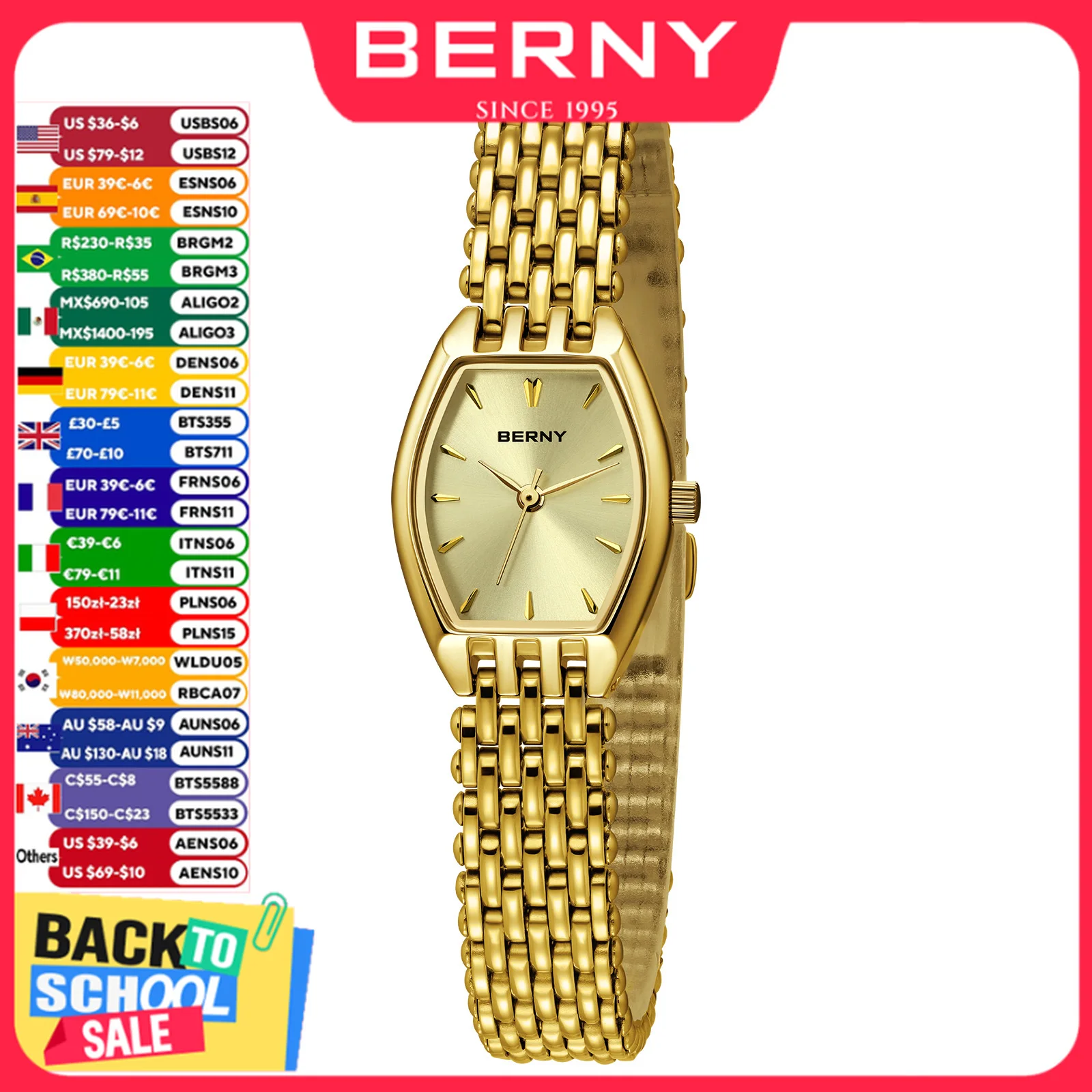 BERNY Gold Women's Watch Quartz Ultra-thin Luxury Elegant Ladies Watch Golden Stainless Steel Bracelet Fashion Dress Wristwatch
