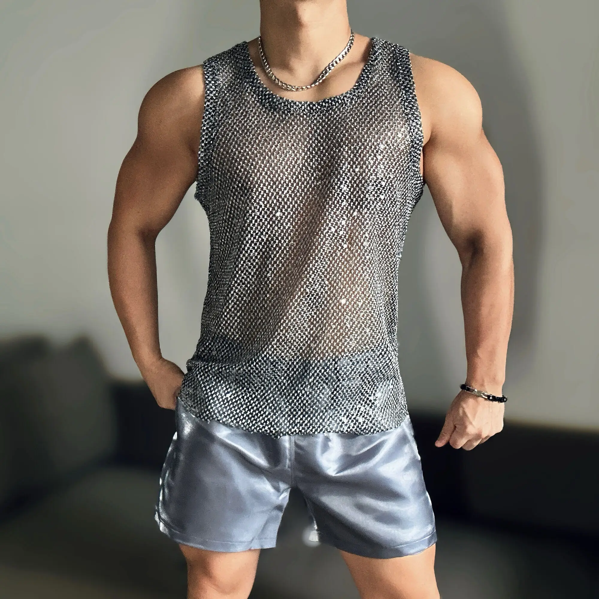 Summer glossy silver sleeveless men sports party club tank top Plus size shiny t shirt streetwear