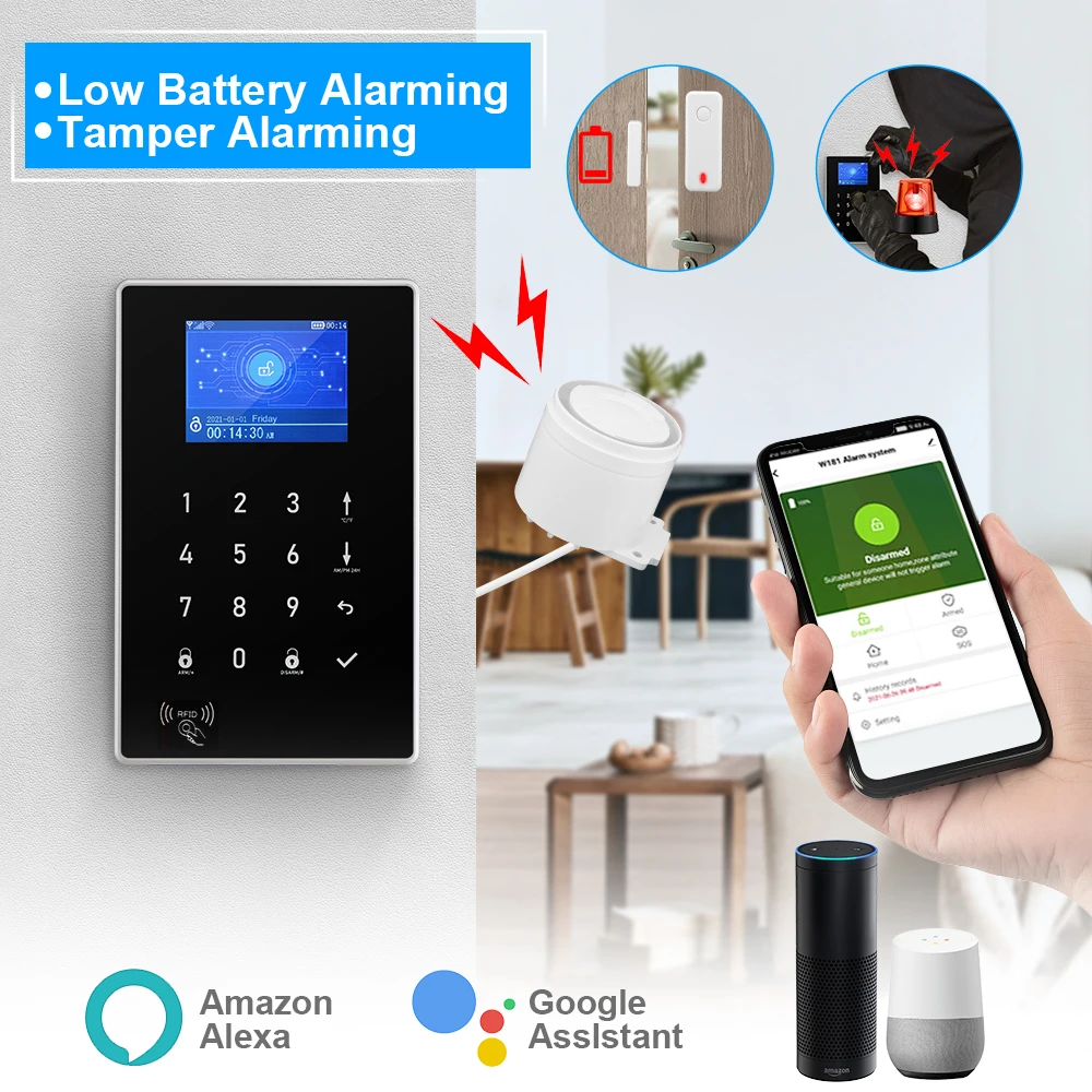 Hollerm-Tuya Security Alarm System, Wireless Burglar Sensor, Detector de Movimento, Smoke Sensor, Wi-Fi, GSM, Alexa, Google