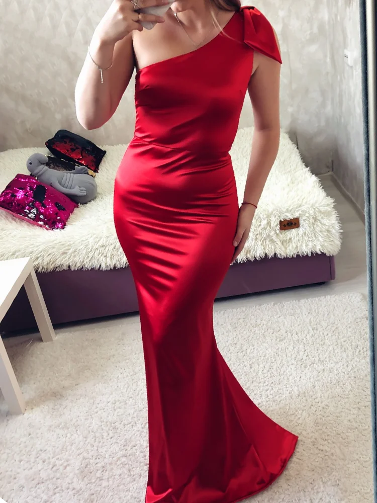 Romagic Elegant Burgundy Bow Evening Gowns Green Stretchy Satin Sleeveless One Shoulder Mermaid Wedding Dresses Bridesmaid Dress