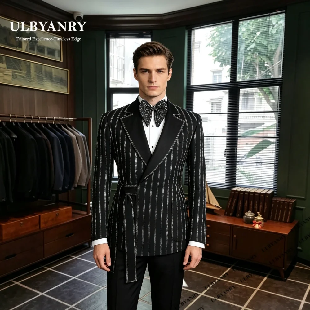ULBYANRY Men's Luxury Wedding Suit Belted Slim Fitting Groom Suits Crystals Rhinestones Tailored Tuxedo Jacket Pants