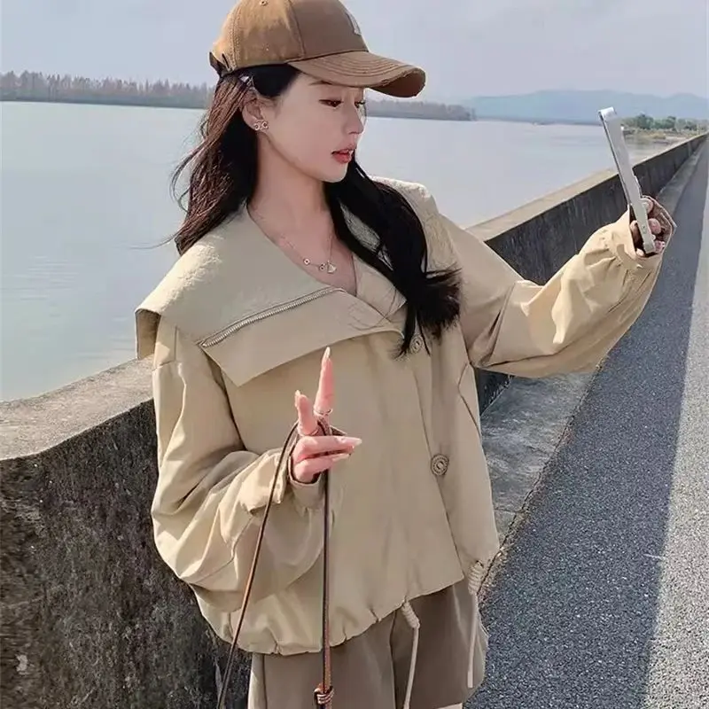 

Khaki Navy Collar Jacket Jacket for Women's 2024 Spring Autumn New Casual Loose Versatile Retro Short top Solid Color Commuting