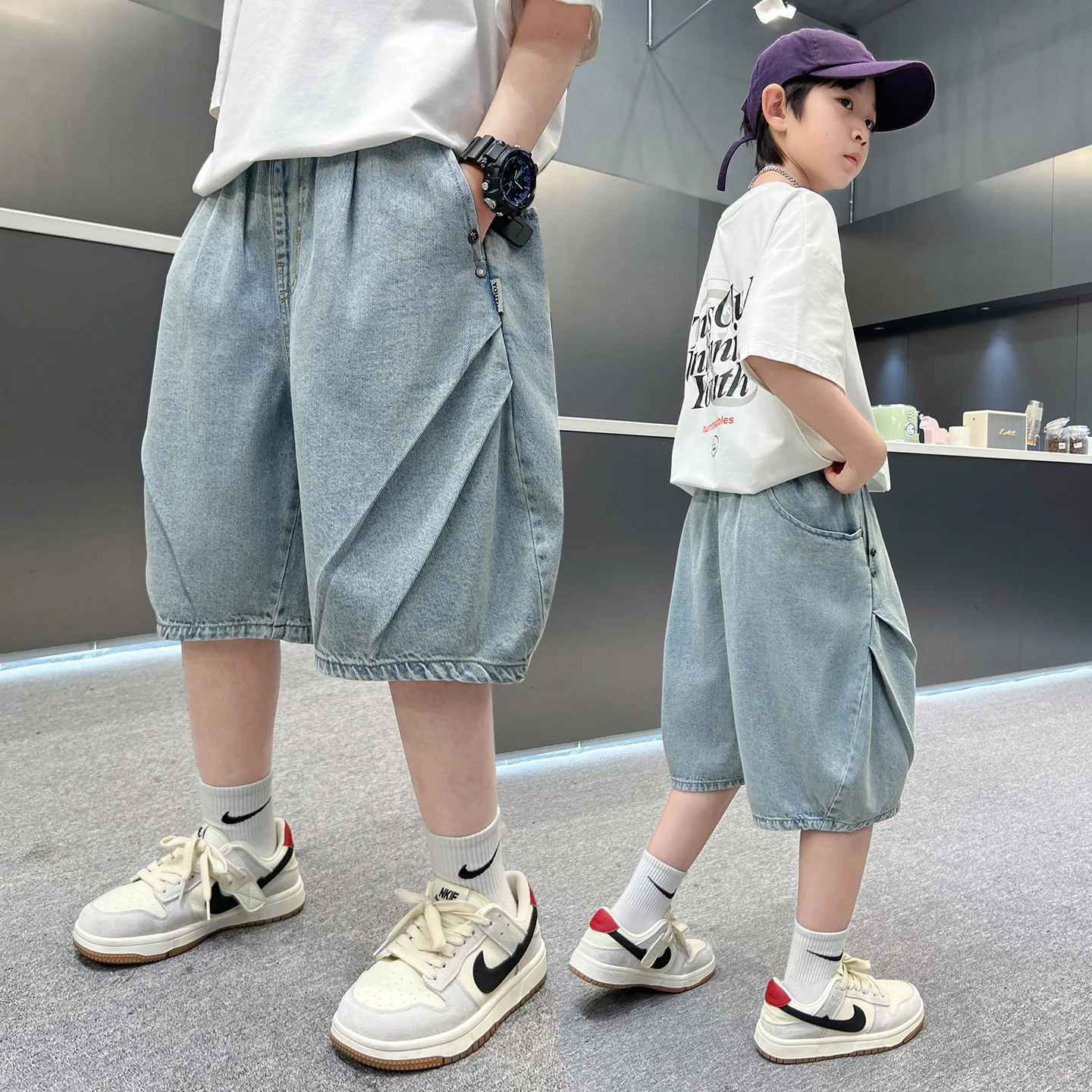 Teenage Child Knee-Length Cargo Denim Shorts for Boys Thin Patchwork Casual Jeans Simple Daily Wear for Ages 4-14Y Stylish Botto