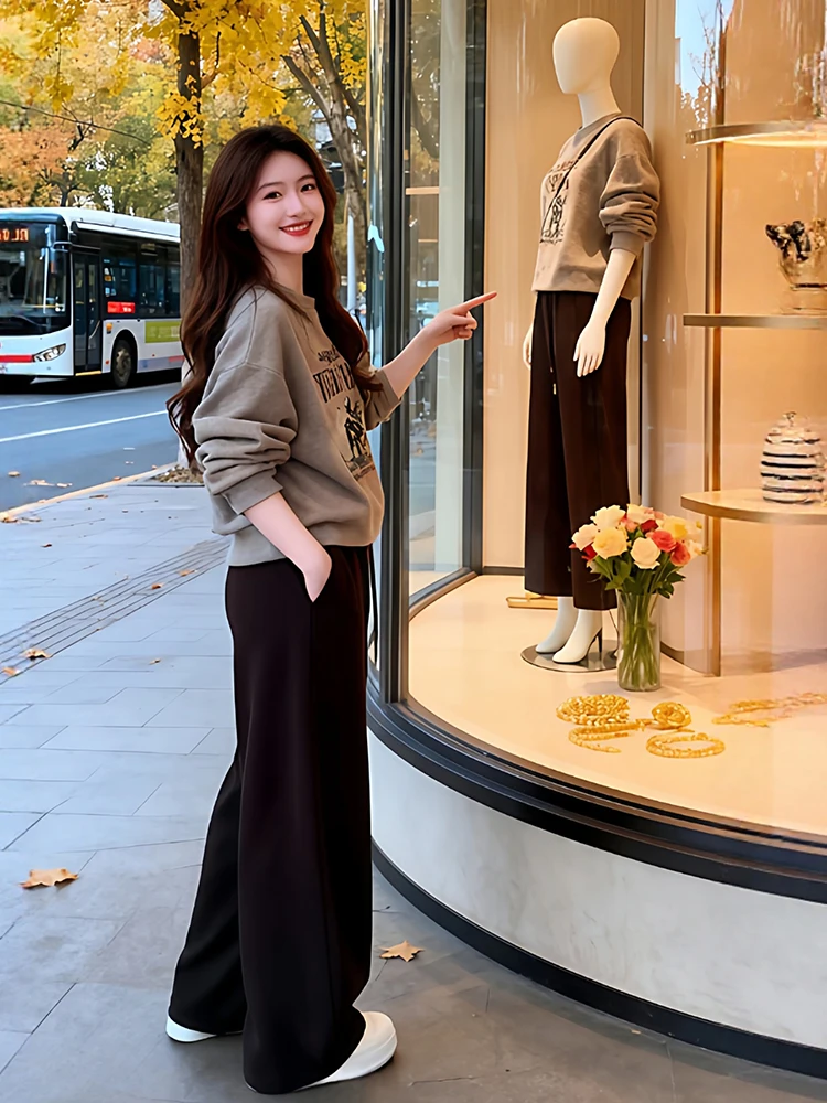 Ele Anti-Aging Fce-Lined Hoodie Wide Leg Pants Two-Piece Set Women's Faionable Streetwear Autumn New Arrival