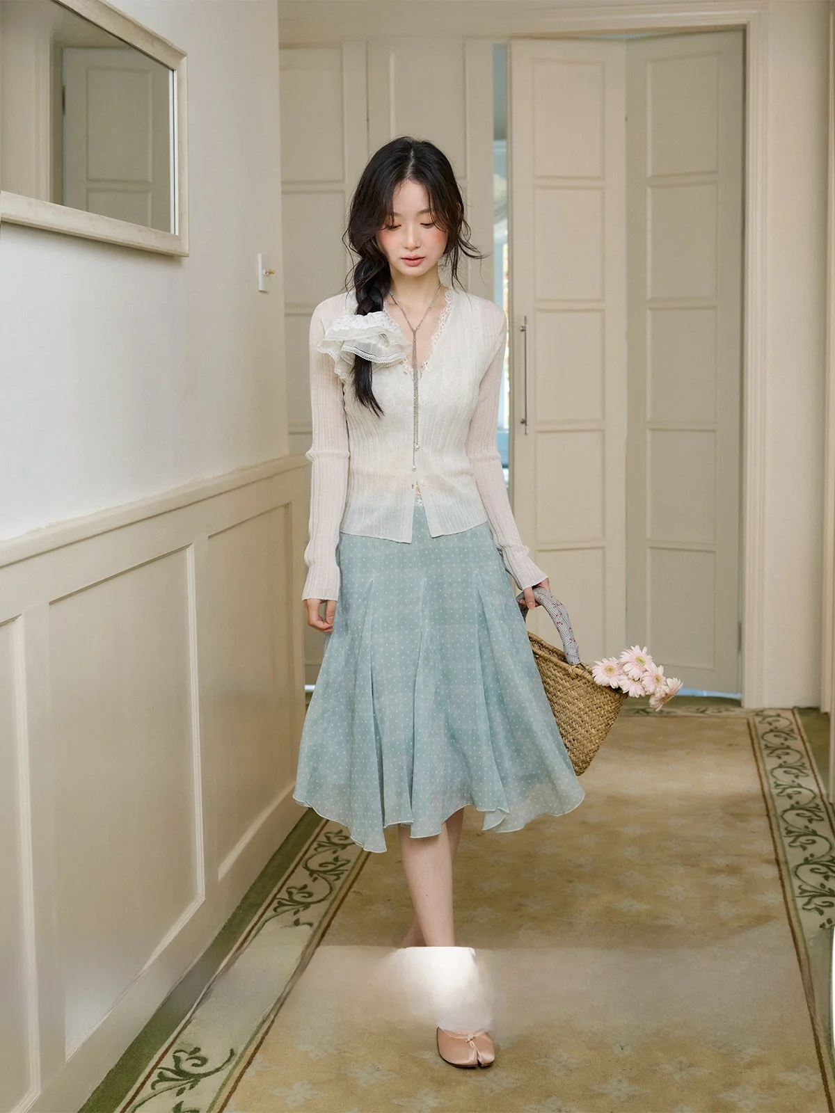 

Sweet Polka Dot Midi Skirt with Interior Mint Summer Lychee High Waist A-Line Skirt for Women Spring Season Polyester ...