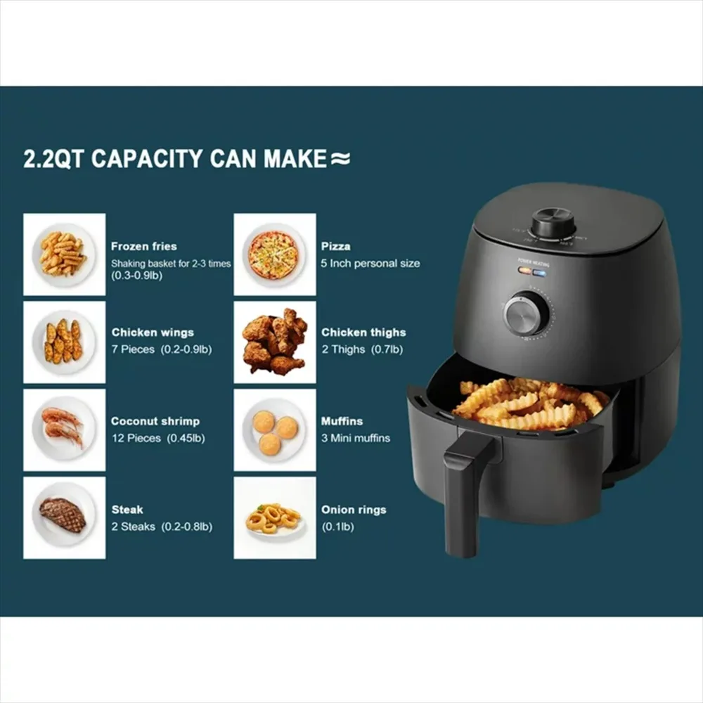 2.2Quart Compact Air Fryer,Non-Stick,Dishwasher Safe Basket,1150W, Black,Height of 10.43 in, Depth of 10.39 in, Width of 8.43 in