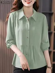 ZANZEA Elegant Women Chiffon Shirt Fashion Office Pleated Cardigan 2024 Summer Casual Tunics 3/4 Lantern Sleeve Tops Oversized