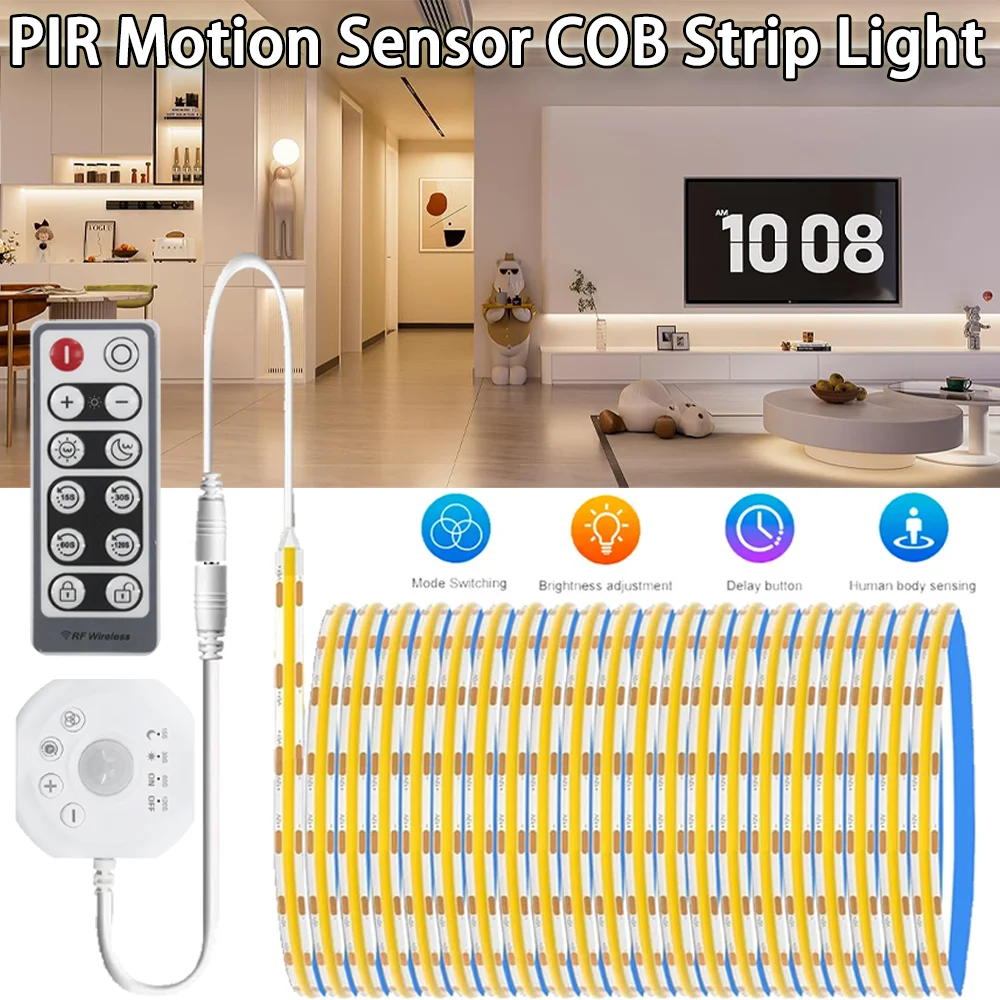 Smart PIR Motion Sensor Super Bright 12V COB LED Strip Light Auto ON/OFF 320leds/m Linear Dimmable Kitchen Stair Wardrobe Decor