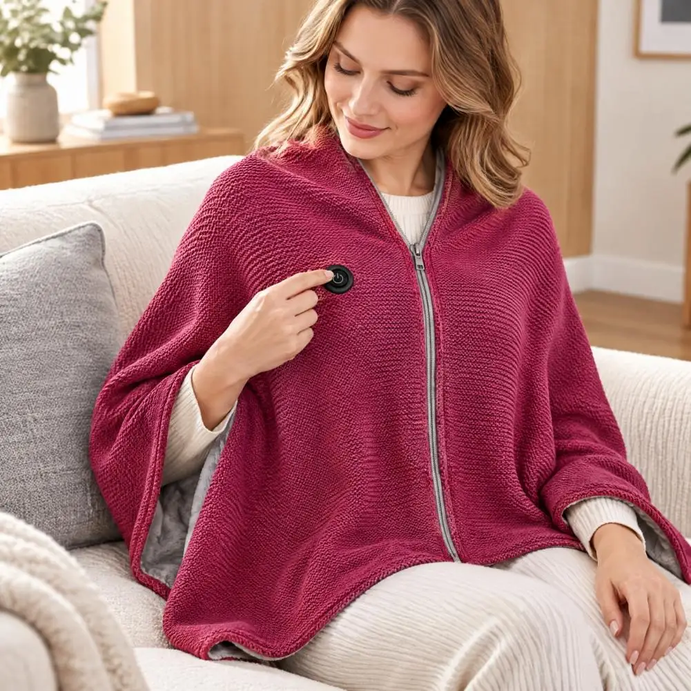 USB Heated Shawl Wearable Blanket, 3-Level Adjustable Temp Front Zip Hands-Free Knit Poncho, Winter Warm Wrap for Home Office