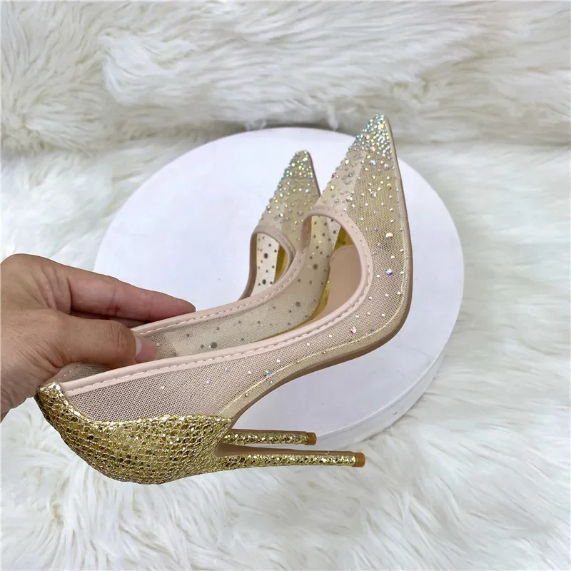 DRESS Women Pumps 12CM  Stiletto Spring and Summer 2023 New Gold Glitter Mesh Drill Pointed Shallow Mouth Woman Shoe Golden