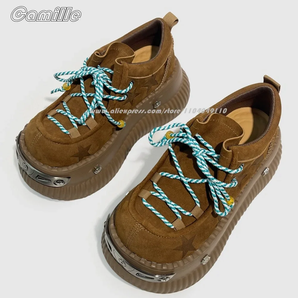 Retro Metal Toe Front Lace Up Thick Sole Motorcycle Boots Round Toe Platform 8CM Heel Cool Girl Boots Punk Style Non-Slip Shoes