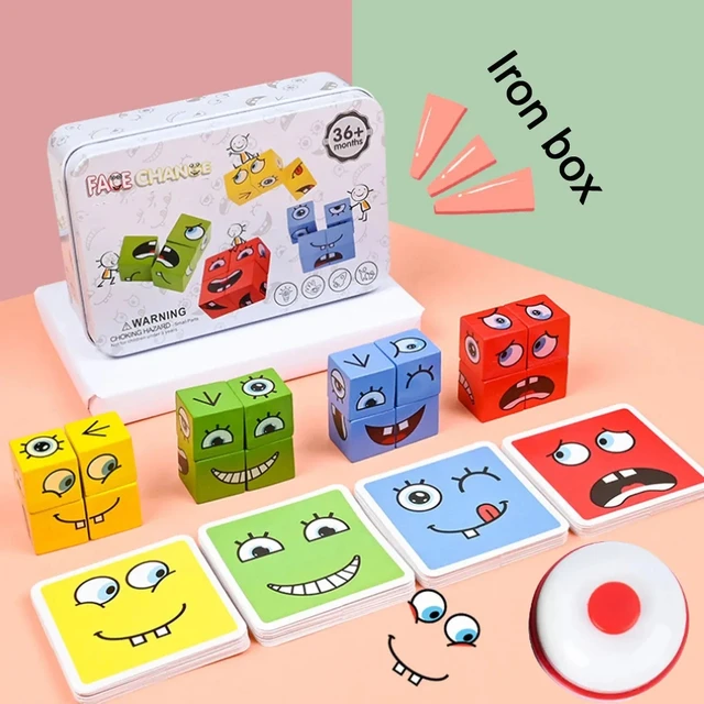 Kostki z zmieniającymi się wyrazami twarzy, klocki konstrukcyjne, gra planszowa, drewniane puzzle, wyrazowe drewniane klocki, zabawki na prezent.