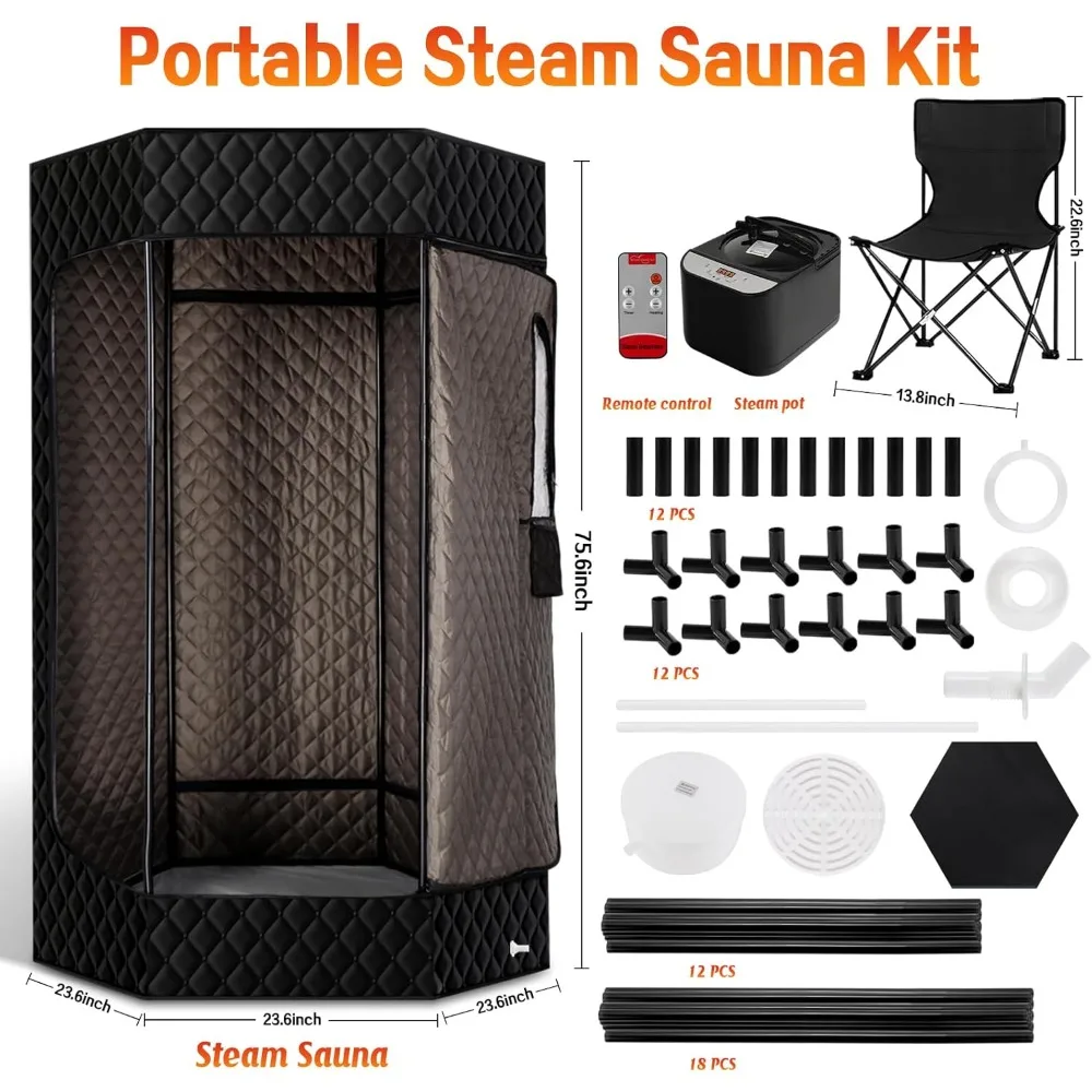 Sauna portátil para el hogar, tienda de Sauna de vapor hexagonal Personal XL de tamaño completo de 6'3 pulgadas con vaporizador de 4L y 1500W, silla con bolsillo,