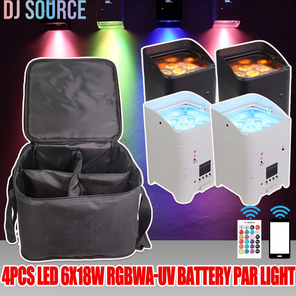 

4 шт./лот 6X18 Вт RGBWA + UV 6IN1 Батарея Светодиодный светильник Par Wall Wash Беспроводное Wi-Fi Управление через приложение DMX512 DJ Party Bar Light Сценический эффект