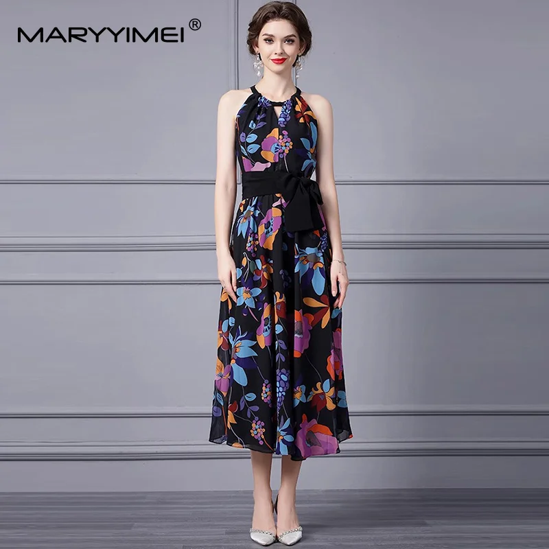 MARYYIMEI Vestido de moda con cuello halter y estampado floral, cintura alta, con cordones, vestido de fiesta sexy delgado