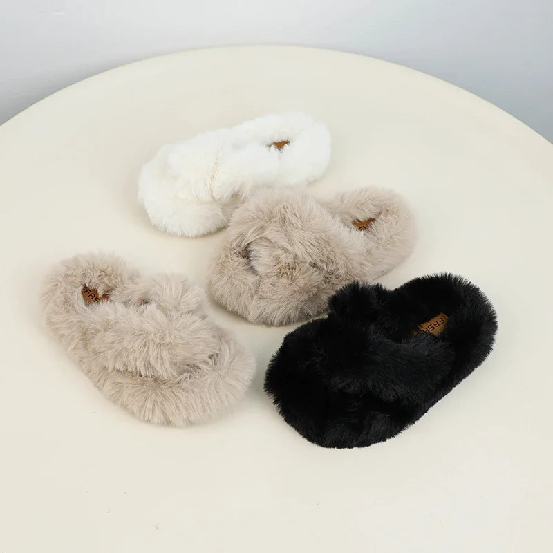 Winter Children's Slippers Furry Hairy Girls Warm Home Slippers Open-toe Warm Kids Fashion Causal Flat Plush Shoes Solid Color