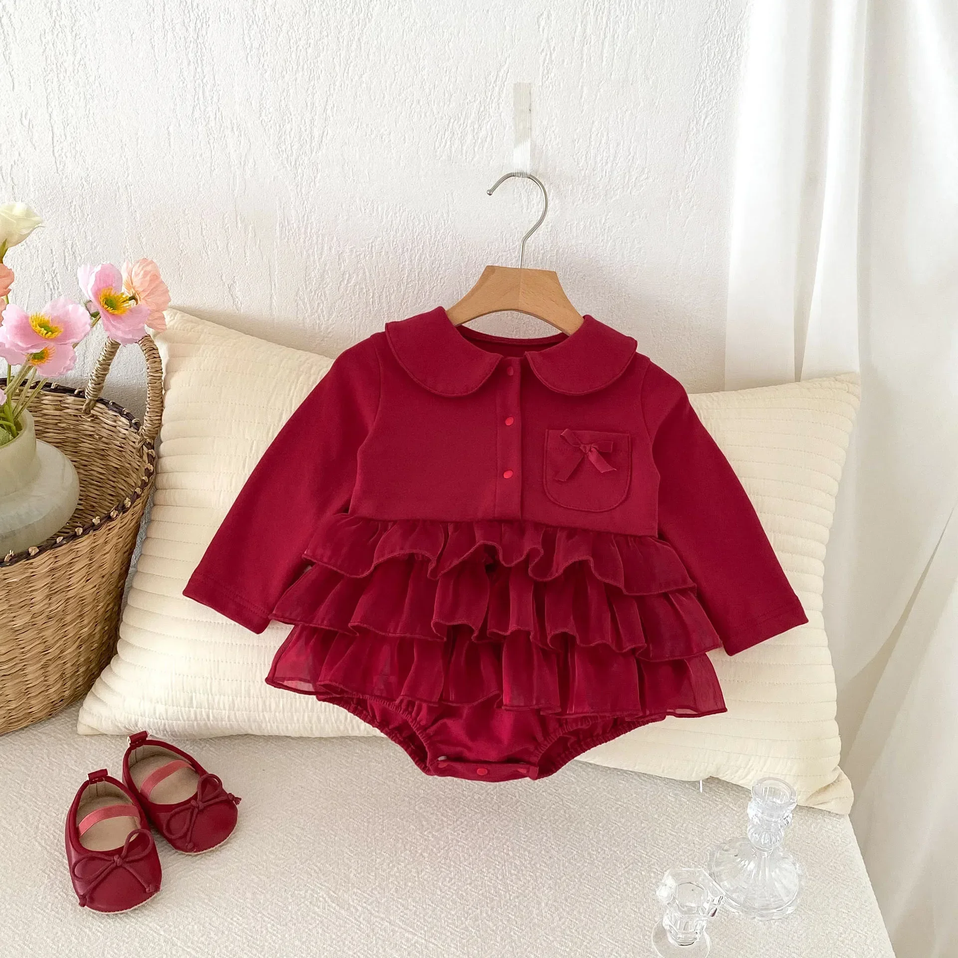 

Red Long Sleeve Baby Girl Bodysuit with Ruffled Skirt Princess Clothes for 0 - 24 Months Newborn 100 Days Birthday Celebration
