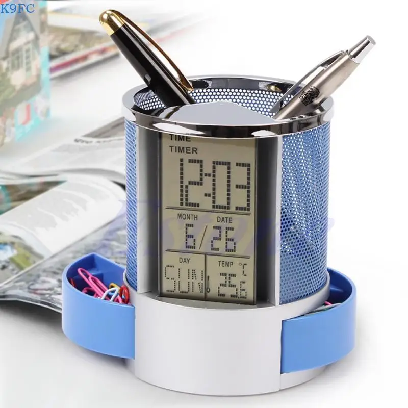 K9FC Digital LCD Desk ALarm Clock & Mesh Rulers Pen Pencil Holder for Time Temp Calen