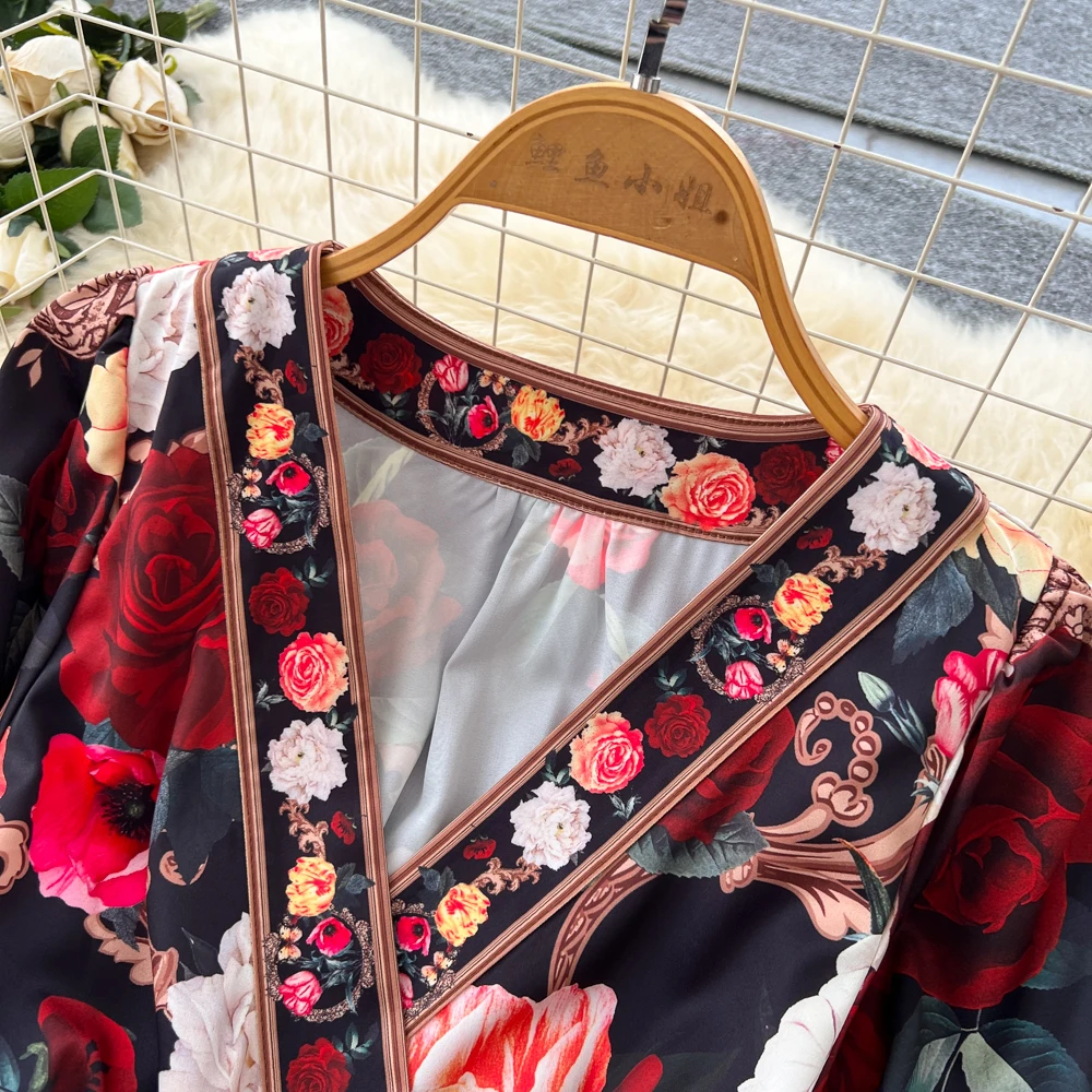 Robe rétro élégante, col en v, imprimé fendu, manches longues, décontractée, taille haute, vêtements pour femmes, robes de cérémonie