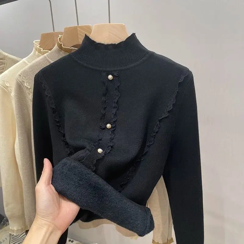 

2025 Fleece Lined Turtle Neck Sweater Women Warm Lace Trim Knit Top Winter Thermal Base Layer