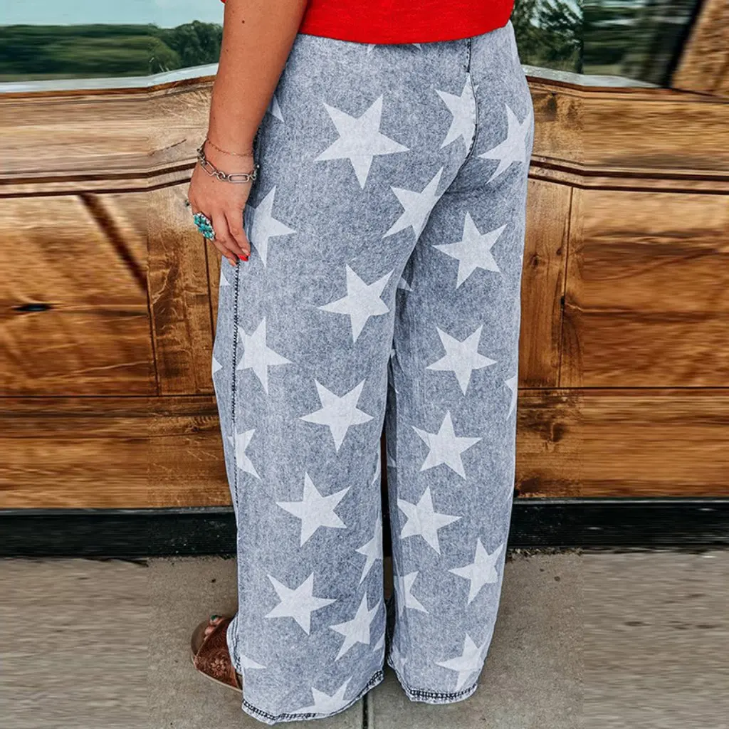 

High Waist Star Printed Drawstring Straight Jeans for Women Spring Summer Fashion European American Style