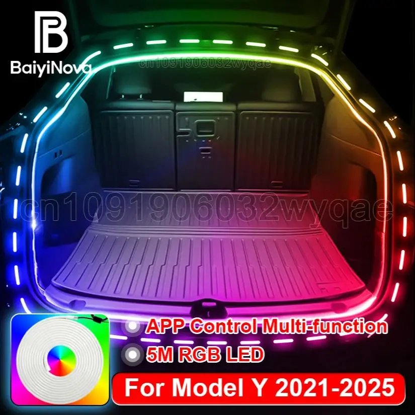 

Светодиодная автомобильная атмосферная лампа для Tesla MODEL Y, освещение багажника автомобиля, управление через приложение, многофункциональные аксессуары для внутреннего неонового освещения по индивидуальному заказу