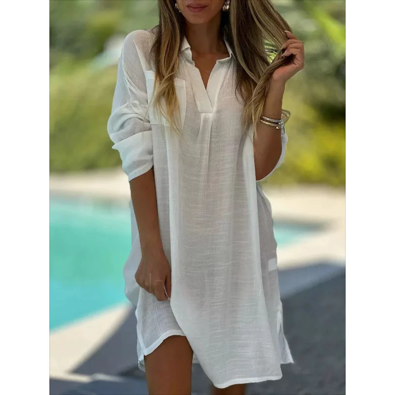 

2025 New Casual Loose Beach Short Sleeve Solid Color Linen Shirt Dress Spring Summer