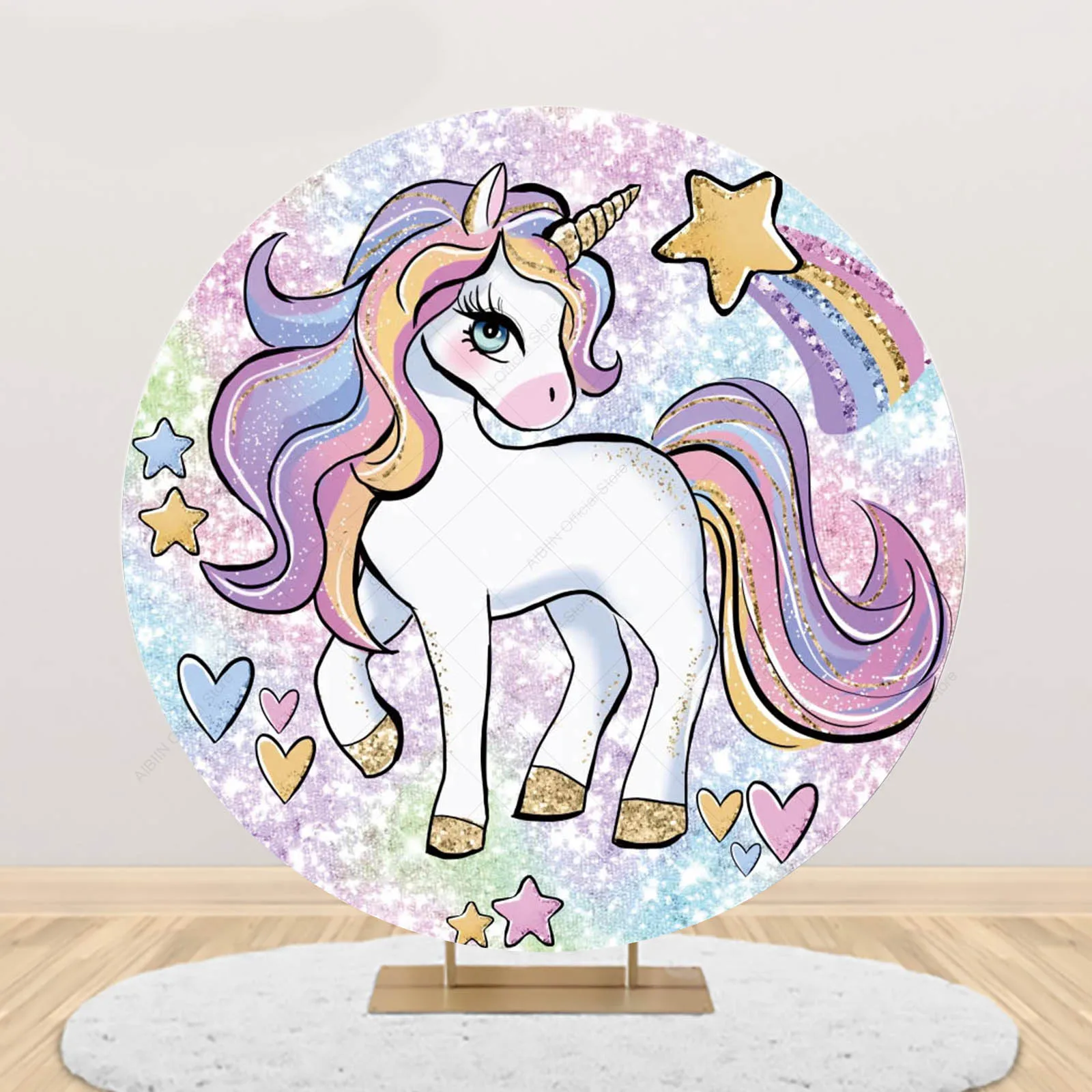 Unicorn Rainbow Round Backdrop Cover Cute Horse Stars Clouds Girls Birthday Baby Shower Party Decor Photography Background
