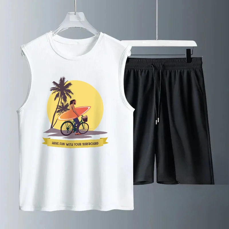 

2025 мужские летние повседневные комплекты без рукавов с большим закатом и велосипедным принтом, дышащая повседневная одежда, удобный модный костюм, комплекты для спортзала