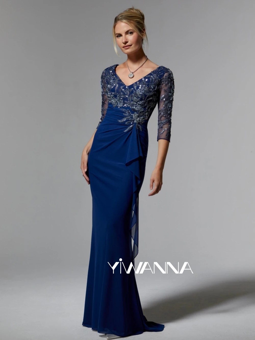 

Chiffon Sheath Mother Of The Bride Dress For Wedding Sequined Beads Prom Dress Customized V-neck Quarter Sleeve Evening Gown