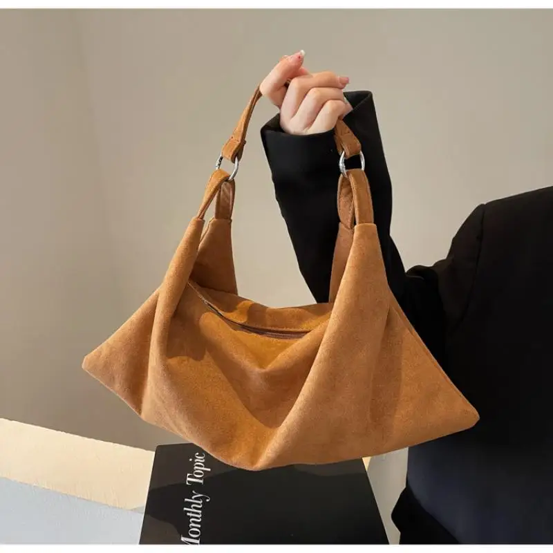 Vinatge Faux Suede Hobos Women Shoulder Bags Maillard Halfmoon Underarm Bag Autumn and Winter Handbags Small Tote Female Bag