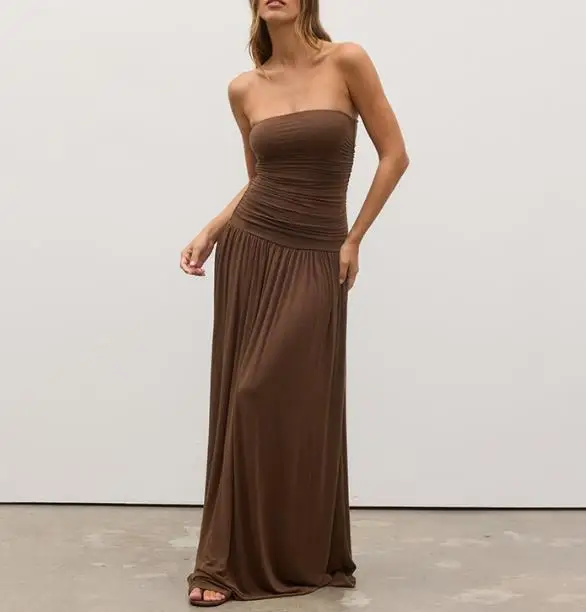 Women Dresses 2026 Spring Summer New Solid Color Strapless Sleeveless Off Shoulder Ruched Casual Daily Long Dress