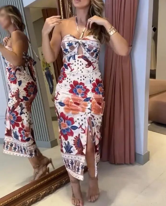 Vestido midi para ocasiones especiales a la moda para mujer, estampado floral con cuello halter y nudo en la parte delantera, vestido con abertura larga